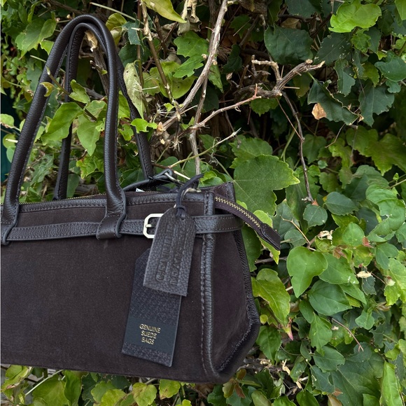 NWT Suede Genuine Leather Chocolate Dark Brown East West Bag Made in India New - Picture 6 of 15